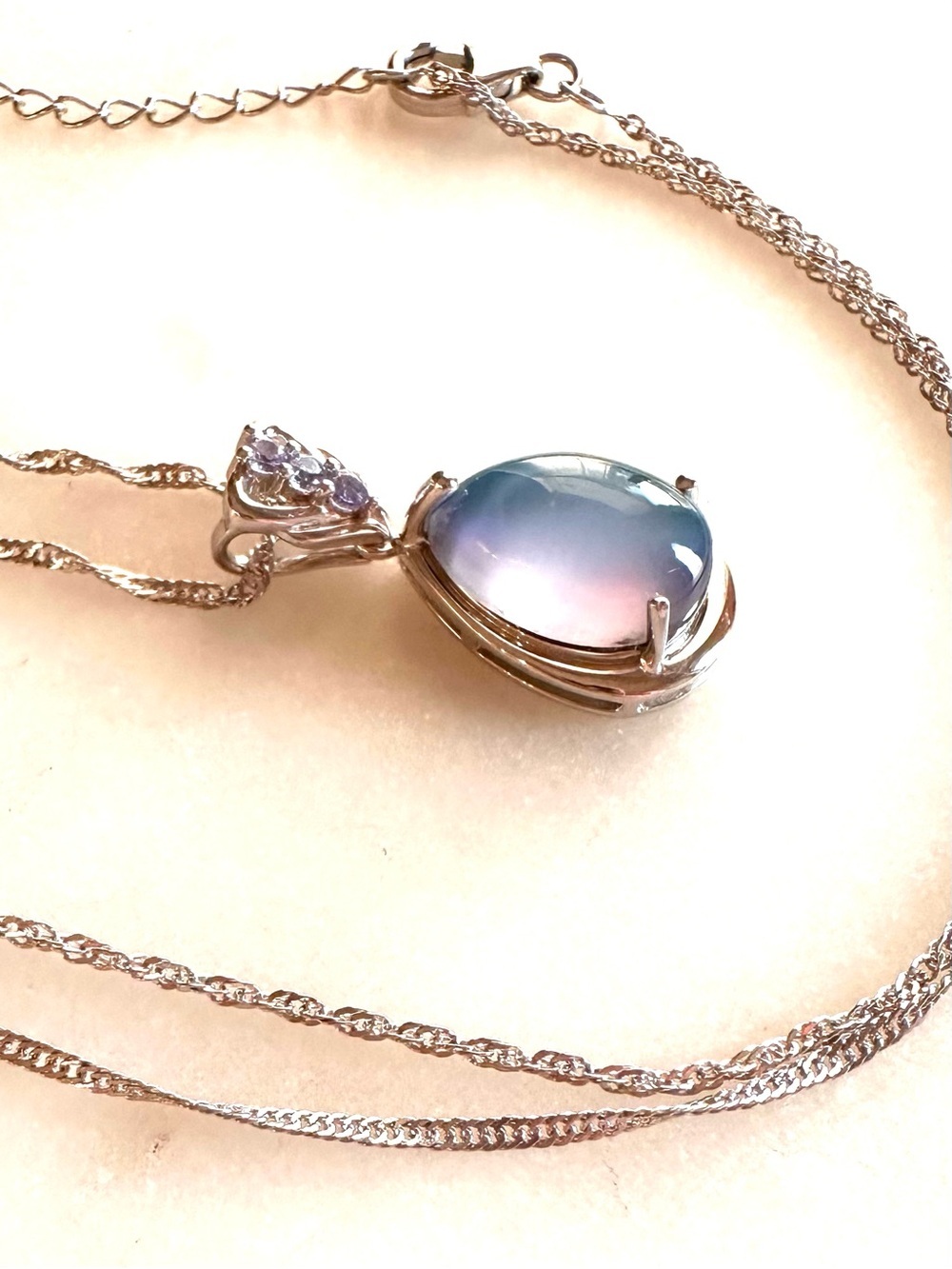 Aurora Moonstone with Blue Tanzanite Sterling Silver Pendant with Chain Necklace - Picture 5 of 16